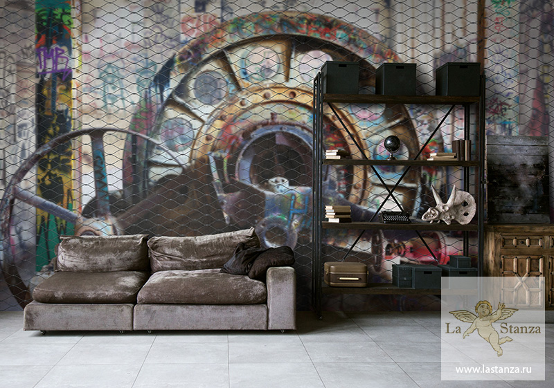 Стены с фресками в интерьере в индустриальном стиле