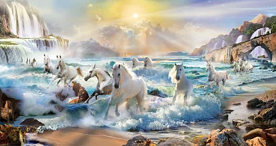 Фото Панно-фотообои — Лошади в море, водопады, камни, скалы -  | Студия фресок и фотопанно "La Stanza"