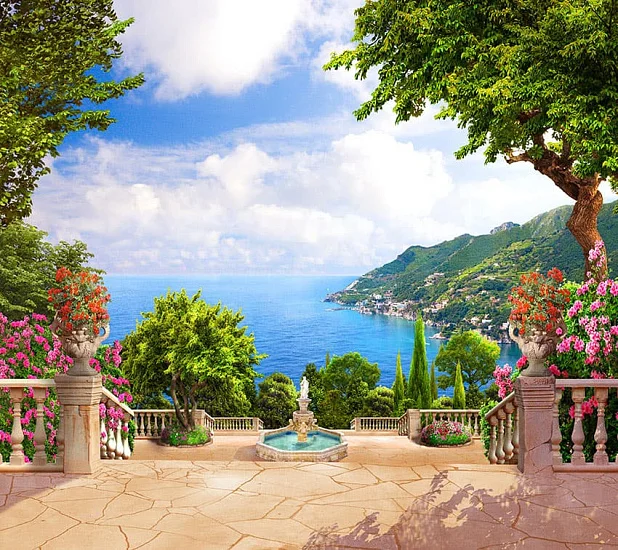 Фото Лестница вниз к фонтану и виду на залив - Пейзажи|Морские виды | Студия фресок и фотопанно "La Stanza"