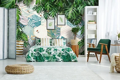 Фото Монстера на фоне плитки гексагон - Цветы | Студия фресок и фотопанно "La Stanza"