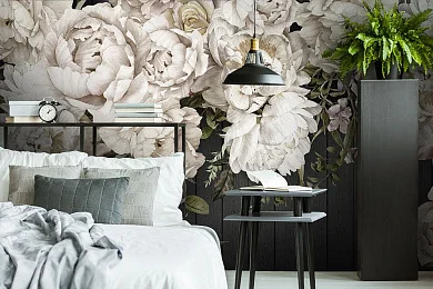 Фото Деревянная стена с белыми пионами - Цветы | Студия фресок и фотопанно "La Stanza"