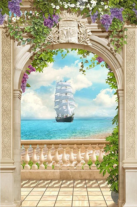 Фото Бежевая арка с прибывающим кораблем - Пейзажи|Арки, лестницы | Студия фресок и фотопанно "La Stanza"