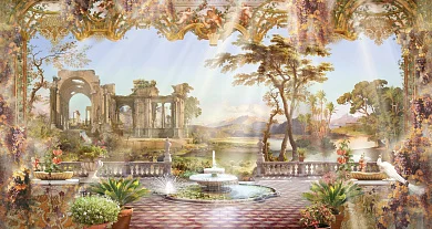 Фото Терраса с фонтаном и павлинами, вид на развалины - Сюжеты|Античные | Студия фресок и фотопанно "La Stanza"