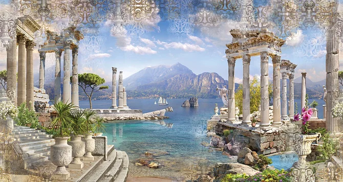 Фото Греческое панно с заливом и античными развалинами - Сюжеты|Античные | Студия фресок и фотопанно "La Stanza"