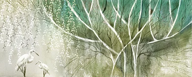 Фото Панно Цапли под деревом в зеленом цвете -  | Студия фресок и фотопанно "La Stanza"