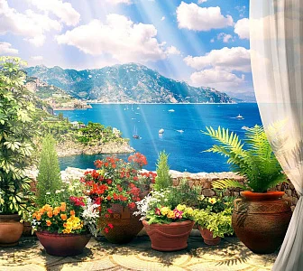 Фото Цветущие растения в горшках на террасе - Пейзажи|Морские виды | Студия фресок и фотопанно "La Stanza"