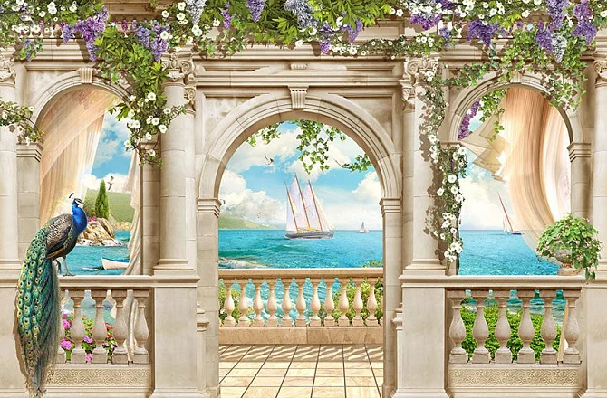 Фото Три арки с видом на открытое море - Пейзажи|Арки, лестницы | Студия фресок и фотопанно "La Stanza"