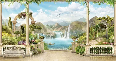 Фото Терраса с видом на водопад, белых лебедей и арки - Сюжеты|Античные | Студия фресок и фотопанно "La Stanza"