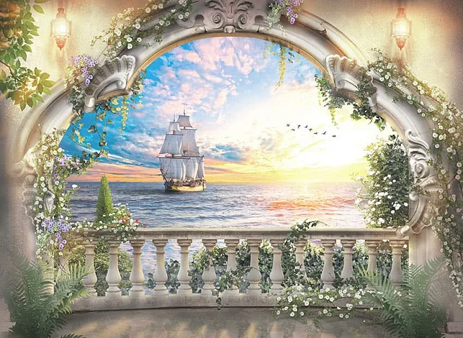 Фото Необычная арка с видом на закат с парусником - Пейзажи|Балконы и террасы | Студия фресок и фотопанно "La Stanza"