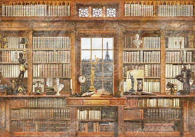 Фото Книжный стеллаж, орнамент, в окне Эйфелева башня -  | Студия фресок и фотопанно "La Stanza"