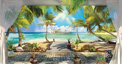 Фото Панно море, шторы, пальмы, пляж -  | Студия фресок и фотопанно "La Stanza"