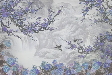 Фото Серо-сиреневое панно в японском стиле, сакура - Шинуазри | Студия фресок и фотопанно "La Stanza"