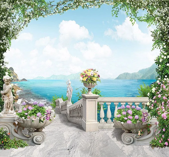 Фото Белая мраморная лестница с вазонами - Пейзажи|Морские виды | Студия фресок и фотопанно "La Stanza"