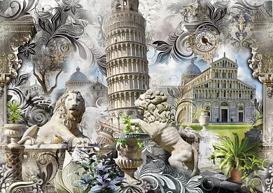Фото Панно-коллаж с Пизанской башней и львами - Сюжеты|Античные | Студия фресок и фотопанно "La Stanza"