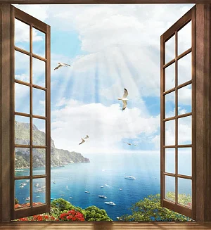 Фото Деревянное окно с видом на залив - Пейзажи|Морские виды | Студия фресок и фотопанно "La Stanza"