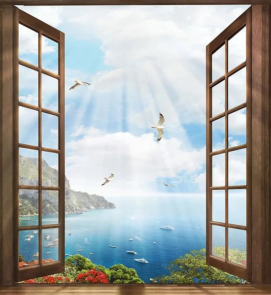 Фото Деревянное окно с видом на залив - Пейзажи|Морские виды | Студия фресок и фотопанно "La Stanza"