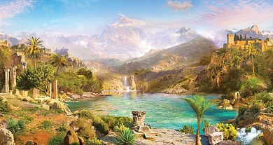 Фото Водопад, озеро в горах, античные развалины - Сюжеты|Античные | Студия фресок и фотопанно "La Stanza"