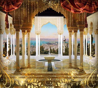 Фото Восточная колоннада с фонтаном и золотыми цветами - Пейзажи|Арки, лестницы | Студия фресок и фотопанно "La Stanza"