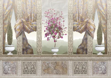 Фото Вид на горы с веранды сквозь шторы и вазоны - Сюжеты|Античные | Студия фресок и фотопанно "La Stanza"