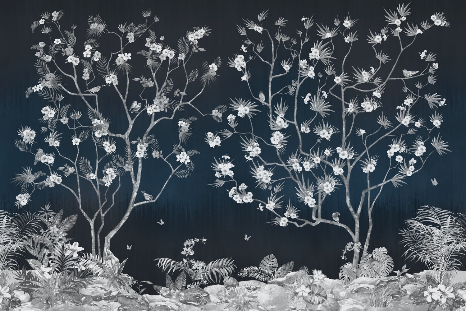 Фото Черно-белое панно деревья в цвету и птицы, стиль Шинуазри - Шинуазри | Студия фресок и фотопанно "La Stanza"