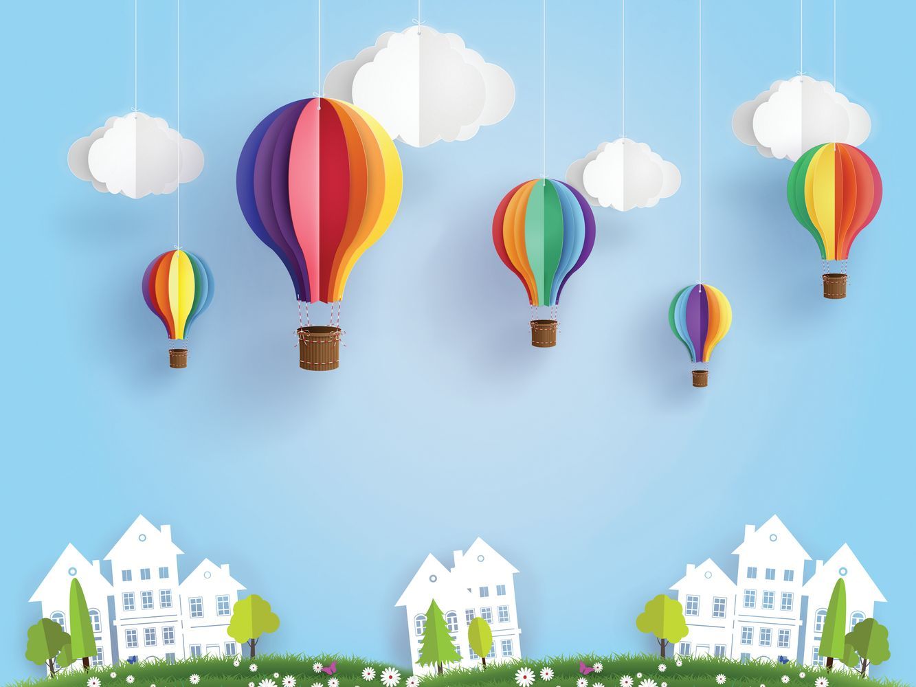 Фото Бумажные воздушные шары и белые домики - Детские фрески | Студия фресок и фотопанно "La Stanza"