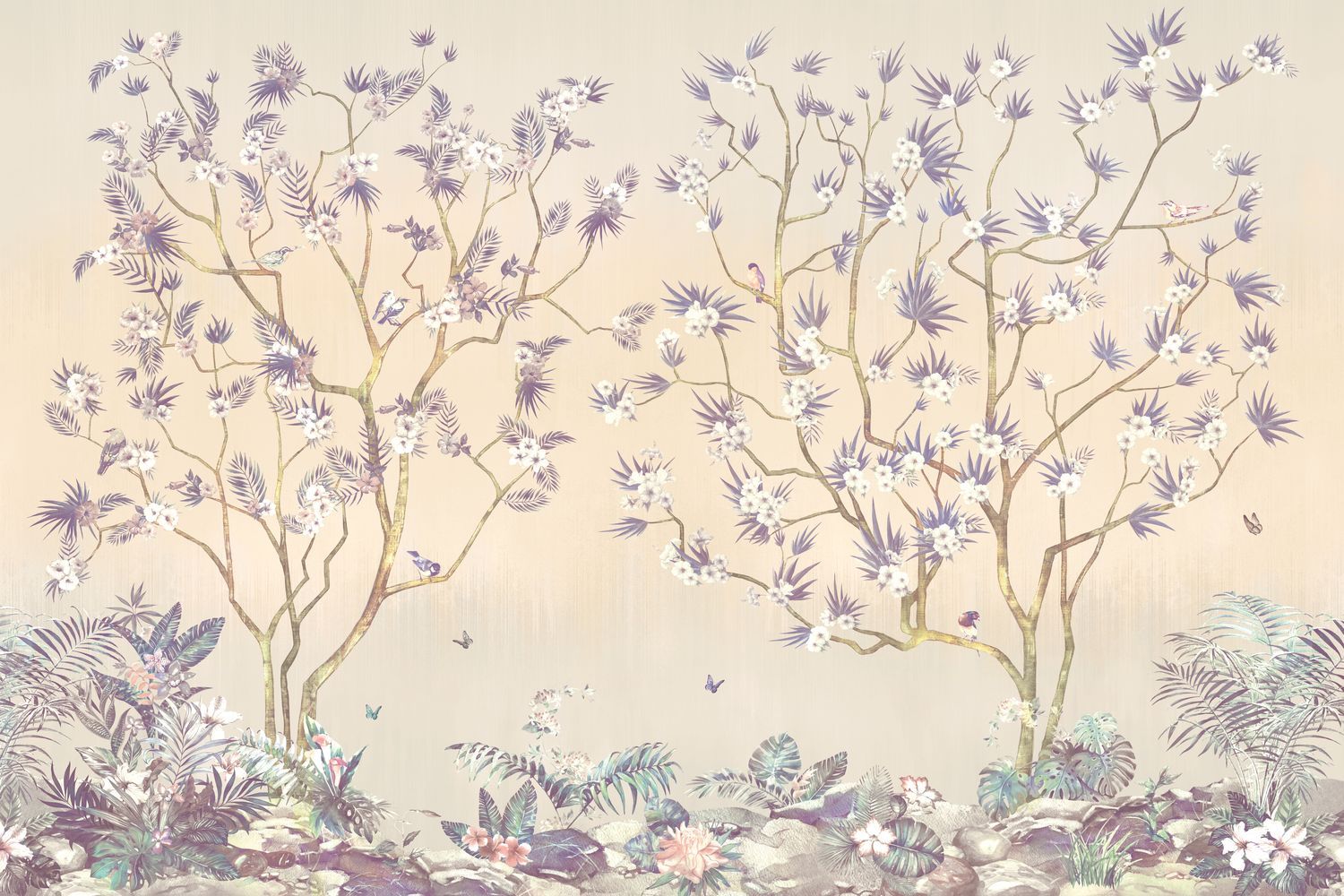 Фото Бежевое панно деревья в цвету и птицы, стиль Шинуазри - Шинуазри | Студия фресок и фотопанно "La Stanza"