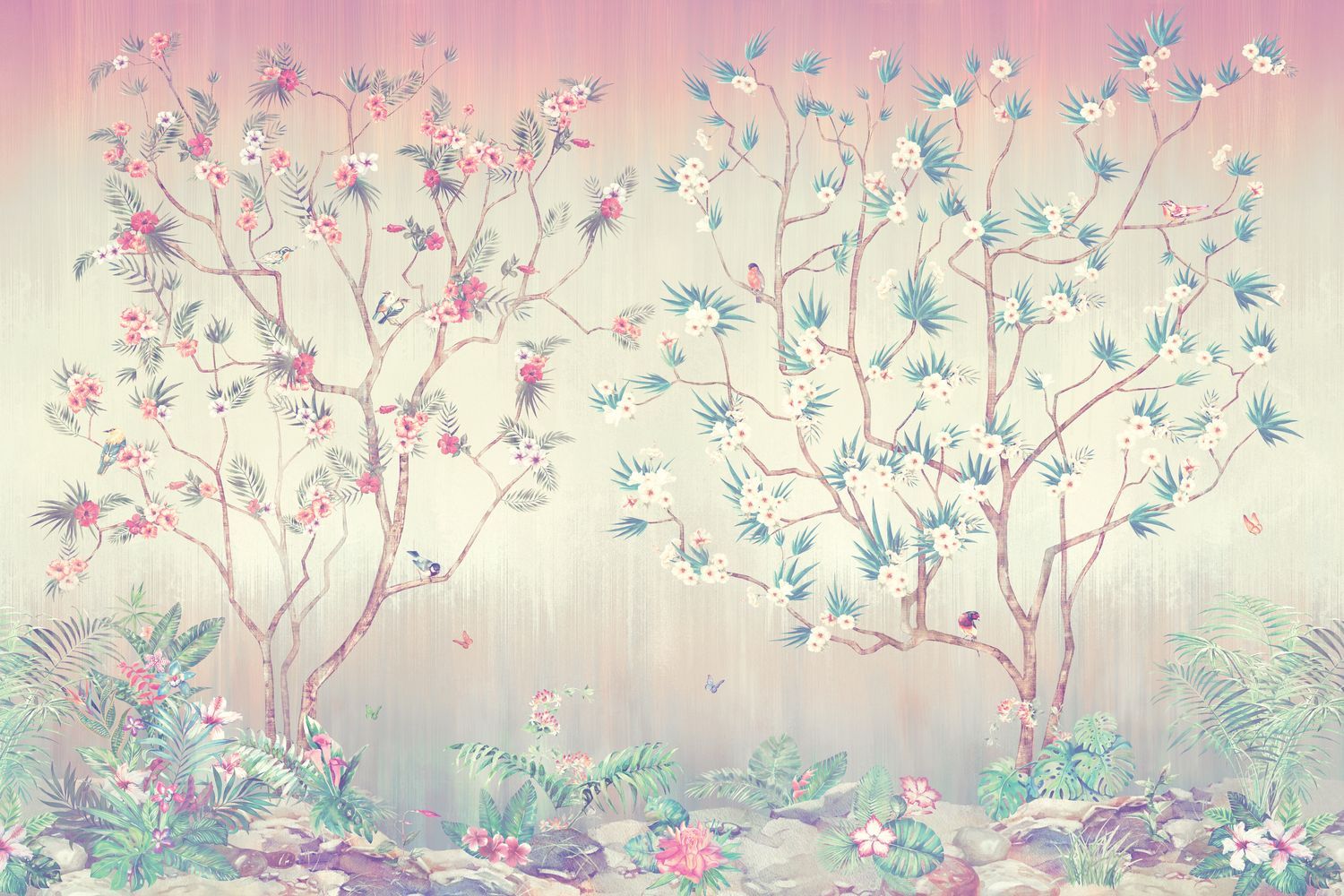 Фото Розовое панно деревья в цвету и птицы в стиле Шинуазри - Шинуазри | Студия фресок и фотопанно "La Stanza"