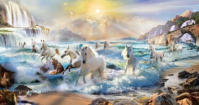 Фото Панно-фотообои — Лошади в море, водопады, камни, скалы - Панорамы|Эко | Студия фресок и фотопанно "La Stanza"