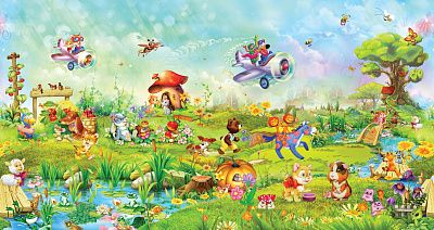 Фото Зверушки на волшебной поляне и вертолеты - Панорамы|Детские | Студия фресок и фотопанно "La Stanza"