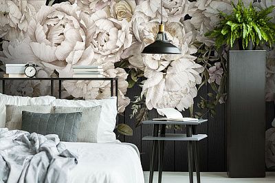 Фото Деревянная стена с белыми пионами - Цветы | Студия фресок и фотопанно "La Stanza"