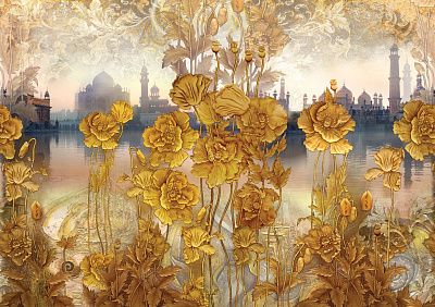 Фото Восточный пейзаж, орнамент и золотые маки - Цветы | Студия фресок и фотопанно "La Stanza"