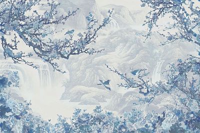 Фото Голубое панно в японском стиле с сакурой - Шинуазри | Студия фресок и фотопанно "La Stanza"