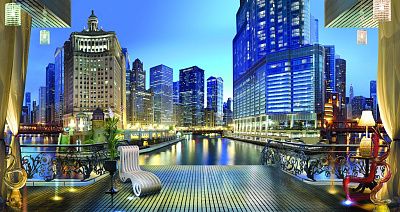 Фото Вечерний вид с террасы на небоскребы и канал - Панорамы|Городские | Студия фресок и фотопанно "La Stanza"