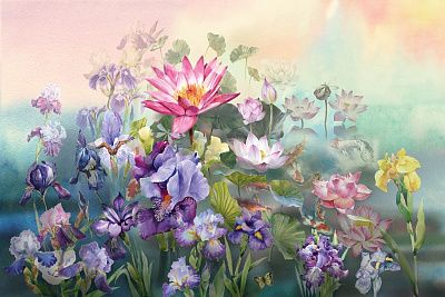 Фото Букет из ирисов, кувшинок и водяных лилий на ярком фоне - Цветы | Студия фресок и фотопанно "La Stanza"