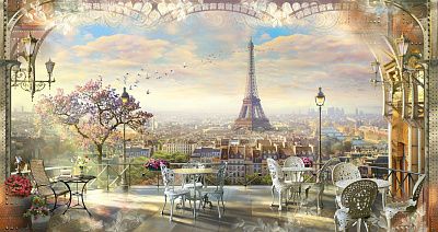 Фото Вид из кафе с белыми столиками на Эйфелеву башню - Панорамы|Городские | Студия фресок и фотопанно "La Stanza"