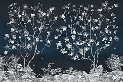Фото Черно-белое панно деревья в цвету и птицы, стиль Шинуазри - Шинуазри | Студия фресок и фотопанно "La Stanza"