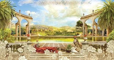 Фото Вид с веранды на озеро, небо, пальмы и арки - Панорамы|Античные | Студия фресок и фотопанно "La Stanza"