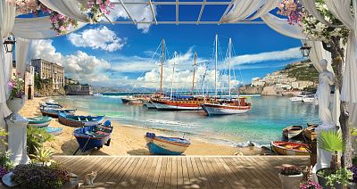 Фото Уютная терраса, море, лодки и парусники у берега - Панорамы|Эко | Студия фресок и фотопанно "La Stanza"