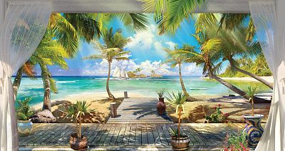 Фото Панно море, шторы, пальмы, пляж - Панорамы|Эко | Студия фресок и фотопанно "La Stanza"