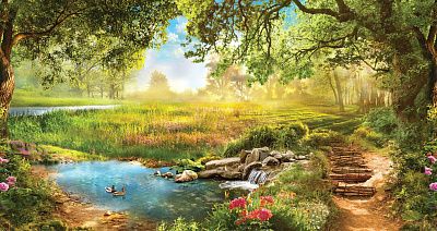 Фото Утки в озере на опушке леса - Панорамы|Эко | Студия фресок и фотопанно "La Stanza"