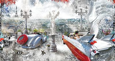 Фото Панно-фотообои девушка в машине кабриолете на фоне Эйфелевой башни - Панорамы|Городские | Студия фресок и фотопанно "La Stanza"