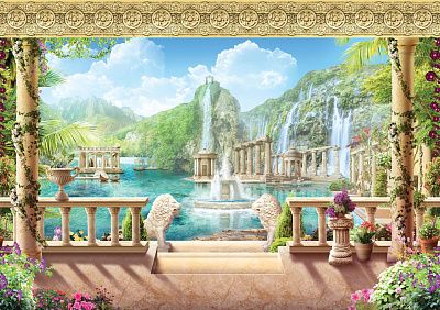 Фото Веранда со львами, фонтан, водопад и развалины в заливе - Панорамы|Античные | Студия фресок и фотопанно "La Stanza"