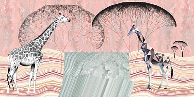 Фото Два жирафа на коралловом фоне - Сюжеты|Животные и птицы | Студия фресок и фотопанно "La Stanza"