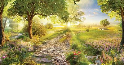 Фото Дорожка из камня, дерево, восход солнца - Панорамы|Эко | Студия фресок и фотопанно "La Stanza"