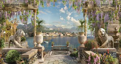 Фото Терраса со львами и глицинией, вид на залив - Панорамы|Античные | Студия фресок и фотопанно "La Stanza"