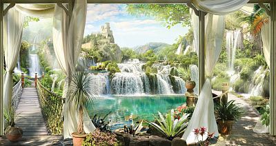 Фото Терраса со шторами и цветами, подвесные мостики и водопады - Панорамы|Эко | Студия фресок и фотопанно "La Stanza"