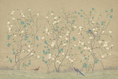 Фото Бежевое панно с деревьями, цветущими бирюзовыми цветами -  | Студия фресок и фотопанно "La Stanza"