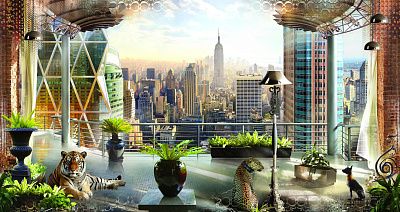 Фото Тигр на балконе, вид на Эмпайр Стейт билдинг - Панорамы|Городские | Студия фресок и фотопанно "La Stanza"