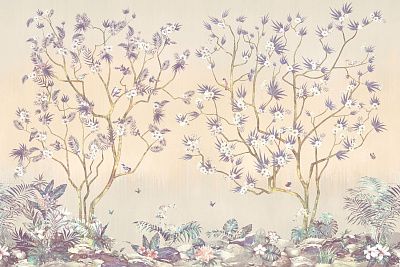 Фото Бежевое панно деревья в цвету и птицы, стиль Шинуазри - Шинуазри | Студия фресок и фотопанно "La Stanza"