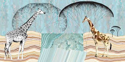 Фото Жирафы и деревья на мятном фоне - Сюжеты|Животные и птицы | Студия фресок и фотопанно "La Stanza"